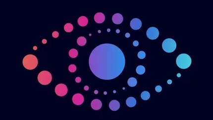 Graphical depiction of a human eye made of colorful dots.
