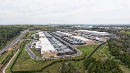 Aerial view of a sprawling data center complex
