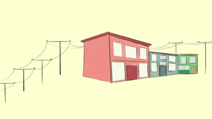 Whimsical line drawing of three colorful buildings connected to electric lines